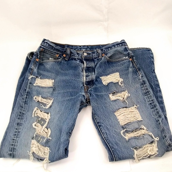 Levi's 501 Button Fly Vintage Distressed Jeans High Waist Straight Leg 35x36 - Picture 3 of 8